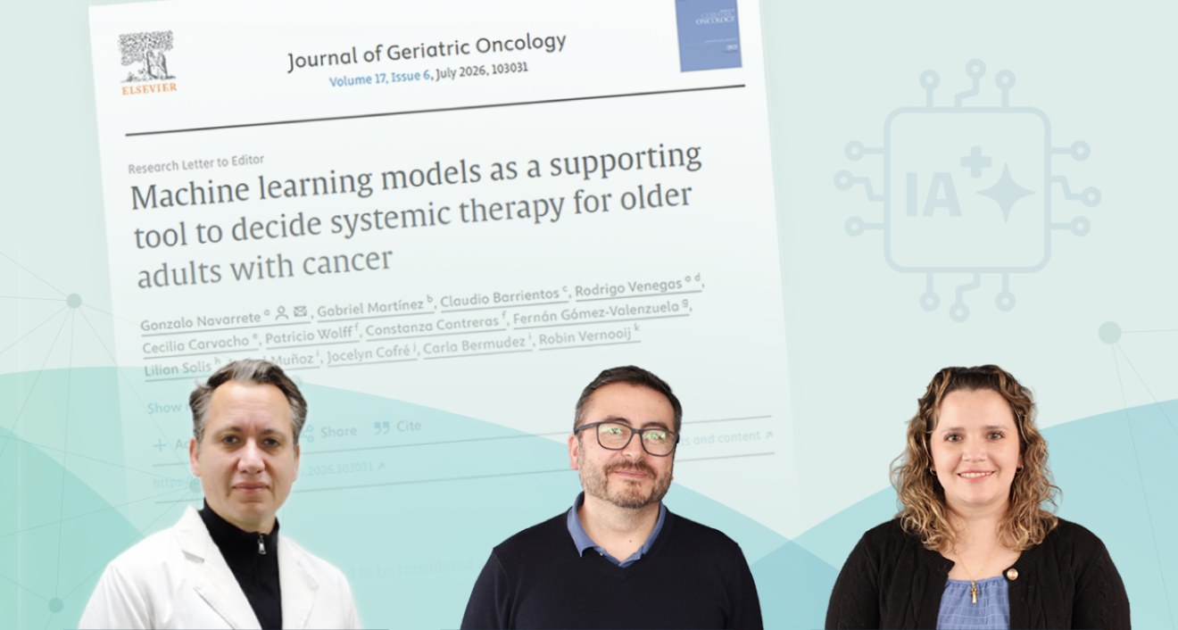 Cover of the article in the Journal of Geriatric Oncology alongside doctors Gonzalo Navarrete and Gabriel Martínez and midwife Jocelyn Cofré